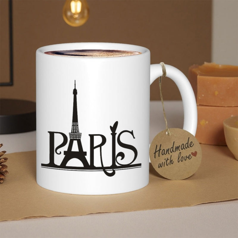 Tailorly White Ceramic 11 oz Mug - Paris Minimalist Black Silhouette Featuring The Iconic French Landmark Eiffel Tower