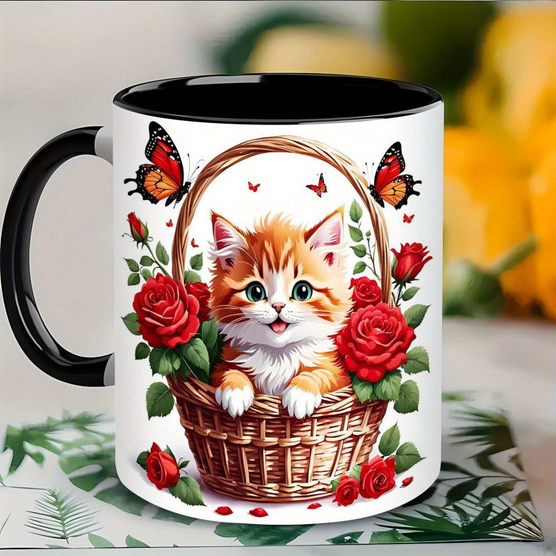Tailorly Black Accent 11 oz Mug - kitten and red roses
