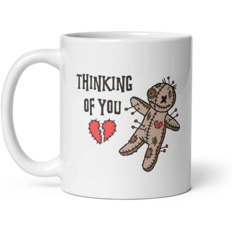 Tailorly White Ceramic 11 oz Mug - Thinking Of You Stitched Burlap Figure With Sharp Pins And Broken Heart Doll