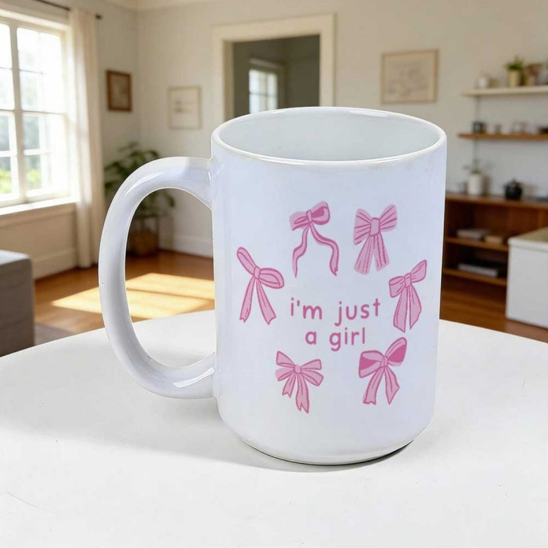 Tailorly White Ceramic 11 oz Mug - I'm Just A Girl Delicate Pink Ribbons Floating Gracefully Around Minimalist Hand Drawn Bow
