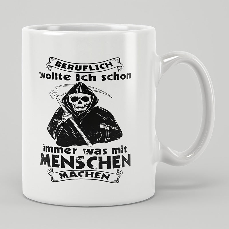 Tailorly White Ceramic 11 oz Mug - Dark Cloaked Figure Holding Sharp Scythe Skeleton Face In Black Robe Grim Reaper