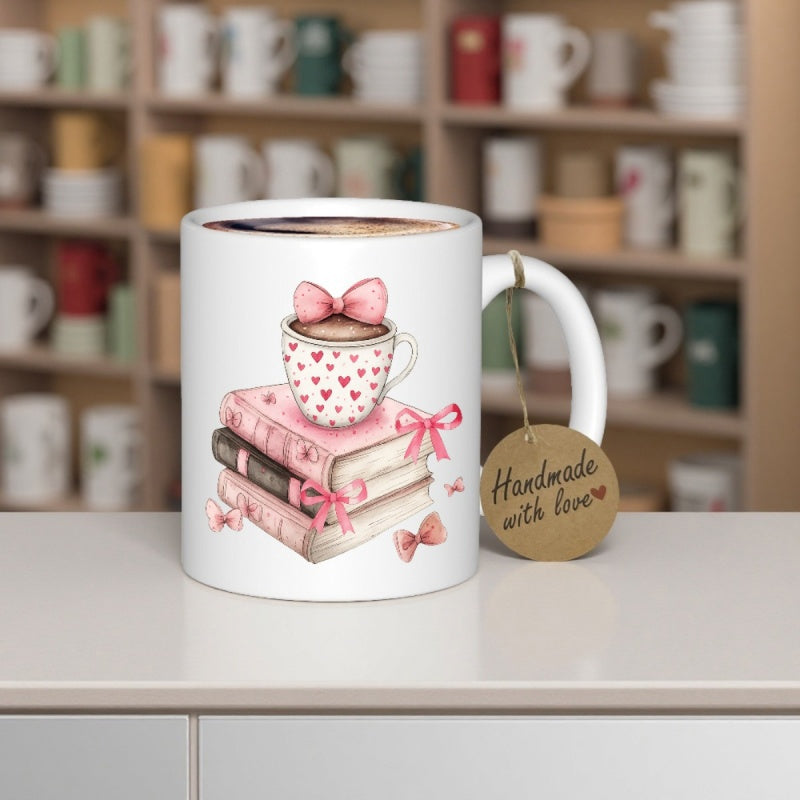 Tailorly White Ceramic 11 oz Mug - Handmade With Love Stacked Pink Vintage Books With Heart Patterned Cup And Delicate Bows Books