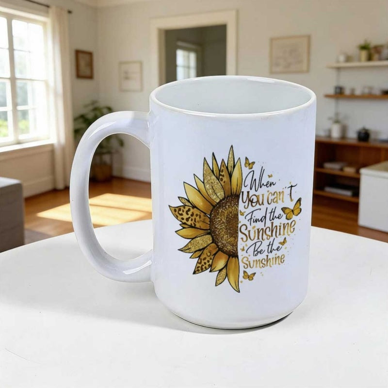 Tailorly White Ceramic 11 oz Mug - When You Can't Find The Sunshine Be The Sunshine Vibrant Artistic Half Blooming With Leopard Petals And Small Butterflies