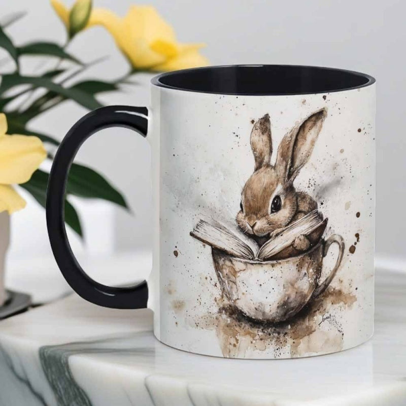 Tailorly Black Accent 11 oz Mug - whimsical design of a bunny reading with a teapot