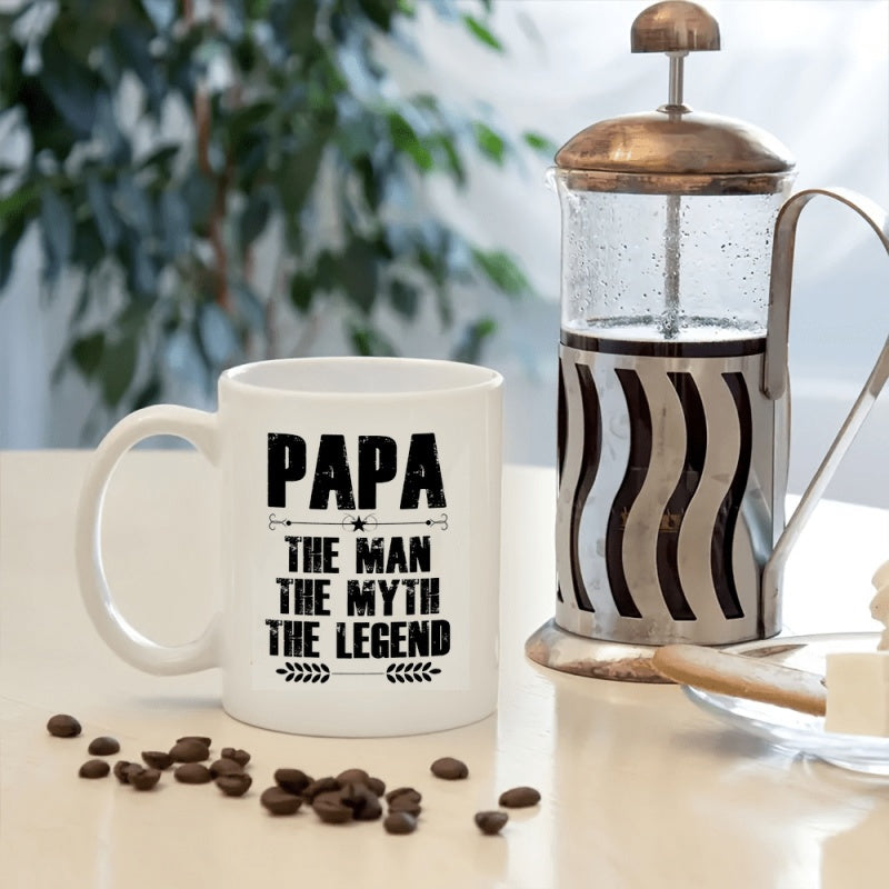 Tailorly White Ceramic 11 oz Mug - Papa The Man The Myth The Legend Bold Black Typography With Distressed Textures And Simple Decorative Geometric Lines Mug