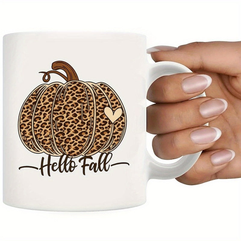 Tailorly White Ceramic 11 oz Mug - Hello Fall Seasonal Leopard Print Pattern With Artistic Script And Tiny Heart Pumpkin