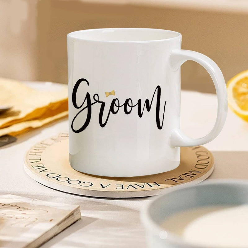 Tailorly White Ceramic 11 oz Mug - Groom Minimalist Wedding Style Featuring Elegant Calligraphy And Golden Bowtie