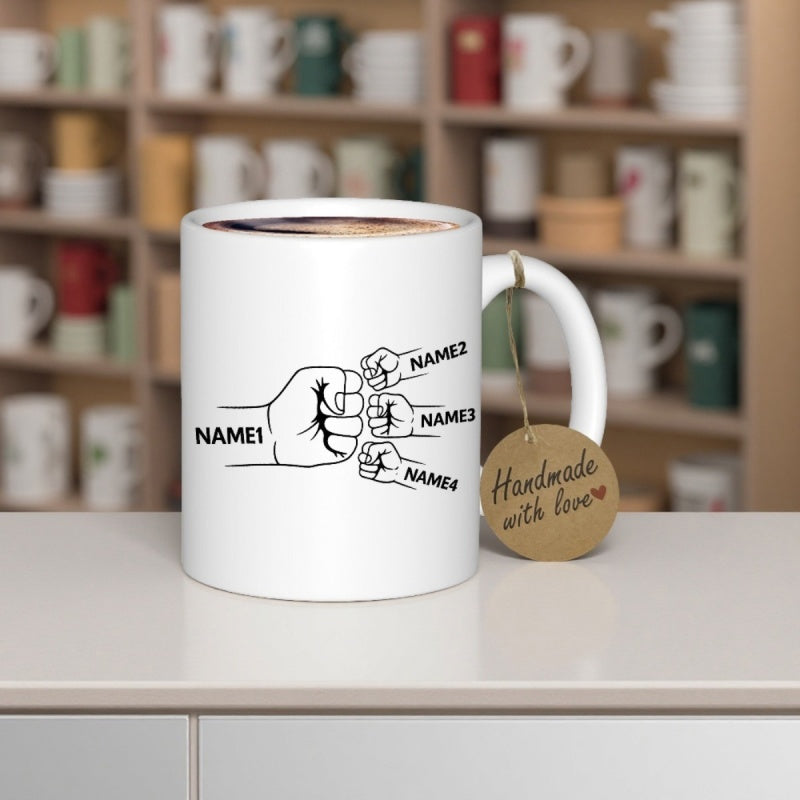 Tailorly White Ceramic 11 oz Mug - Handmade With Love Family Unity Strong Hands Bumping Together Personalized Fist