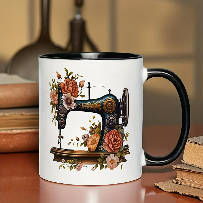 Tailorly Black Accent 11 oz Mug - vintage sewing machine with floral sewing themed design