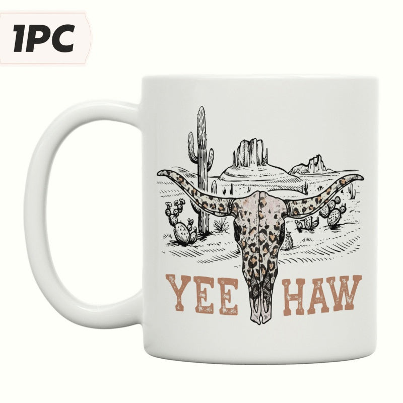 Tailorly White Ceramic 11 oz Mug - Yee Haw Vintage Desert Landscape With Cacti And Mountains Featuring Leopard Print Bull Skull
