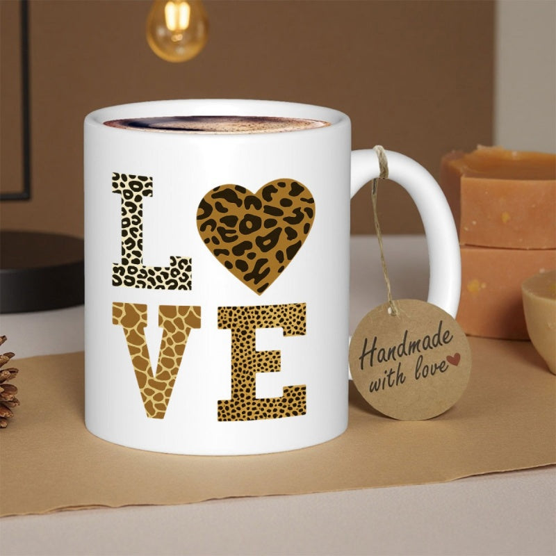 Tailorly White Ceramic 11 oz Mug - Love Bold Wild Leopard Print Textures Featuring Stylish Heart Shape Pattern Mug