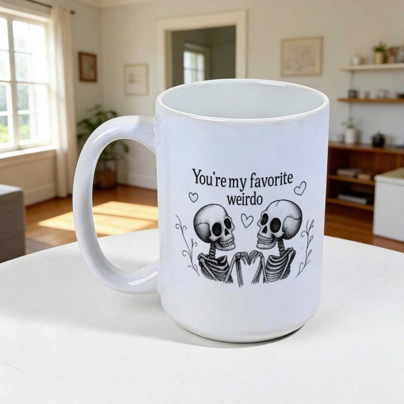 Tailorly White Ceramic 11 oz Mug - Youre My Favorite Weirdo Two Romantic Skulls Making Heart Shape Surrounded By Delicate Little Hearts Skeleton