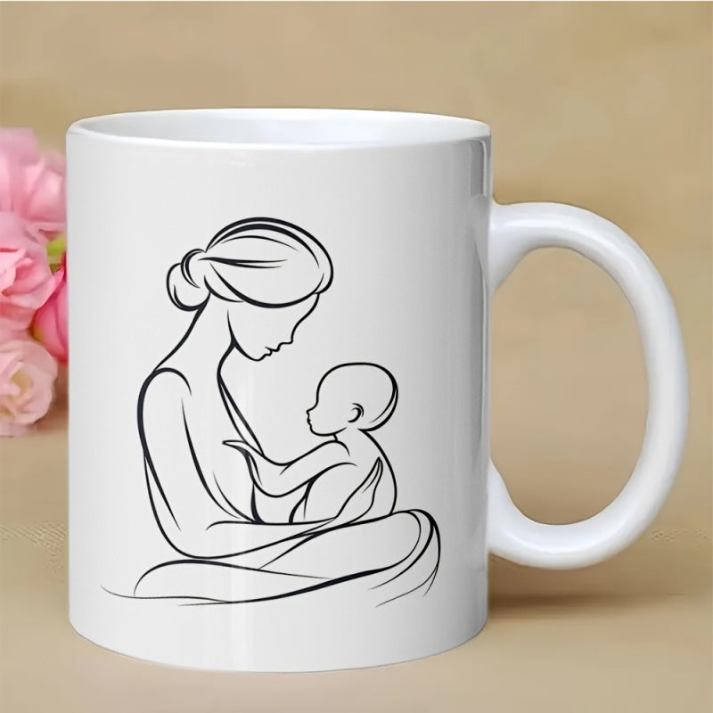 Tailorly White Ceramic 11 oz Mug - Minimalist Black Line Art Sketch Of A Mother Cradling Her Infant Baby Silhouette