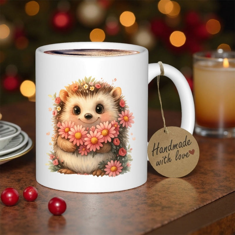 Tailorly White Ceramic 11 oz Mug - Handmade With Love Adorable Smiling Small Hedgehog Holding Pink Flowers Among Blooming Daisies Hedgehog