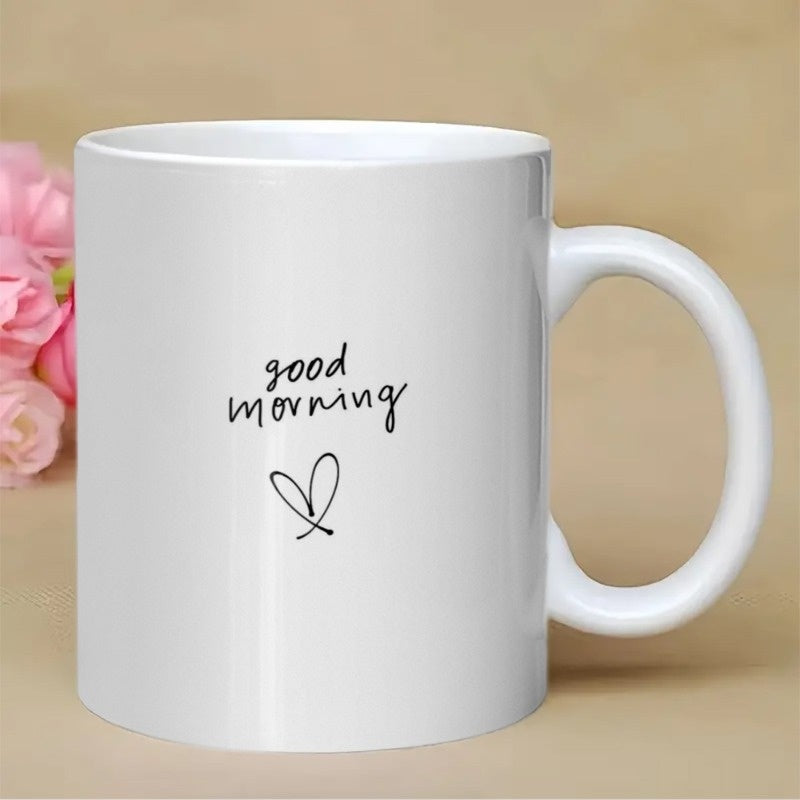 Tailorly White Ceramic 11 oz Mug - Good Morning Minimalist Handwritten Script Above A Delicate Hand Drawn Heart Shape Mug