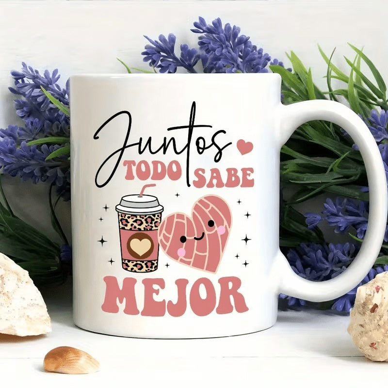 Tailorly White Ceramic 11 oz Mug - Smiling Pink Heart Shaped Mexican Sweet Bread With Leopard Print Coffee Mug