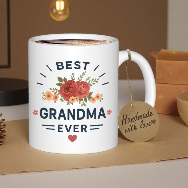 Tailorly White Ceramic 11 oz Mug - Best Grandma Ever Handmade With Love Elegant Red Roses Blooming With Delicate Petals And Green Leaves Flower