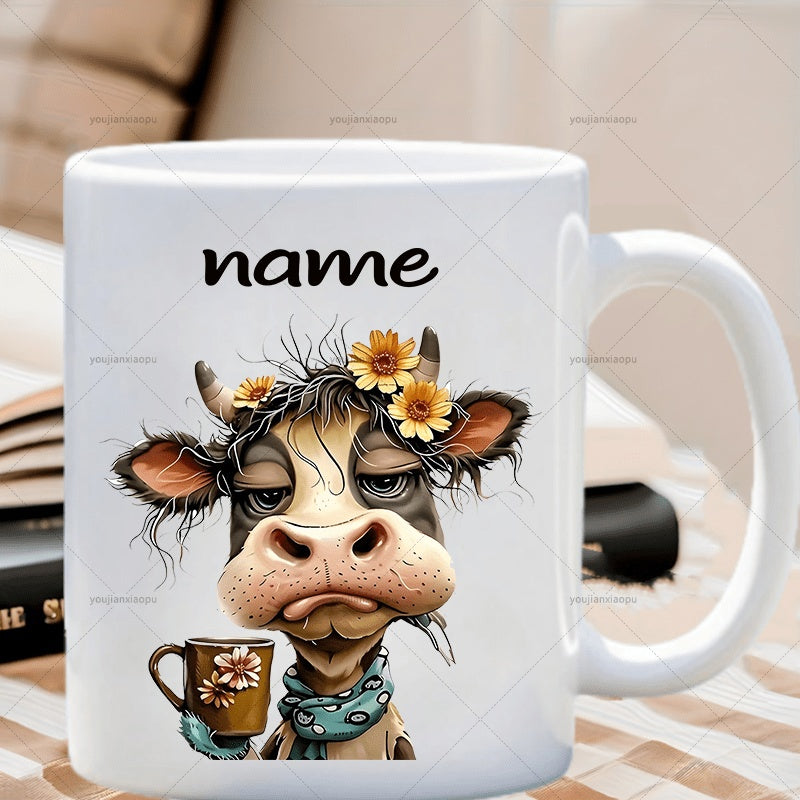 Tailorly White Ceramic 11 oz Mug - Name Whimsical Messy Haired Highland Style Animal Wearing Sunflowers And Teal Scarf Cow
