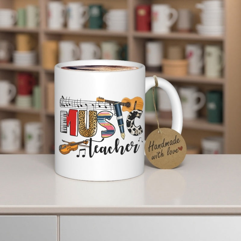 Tailorly White Ceramic 11 oz Mug - Music Teacher Artistic Composition Of Classic Orchestral Elements Surrounded By Floating Notes And Staff Instrument