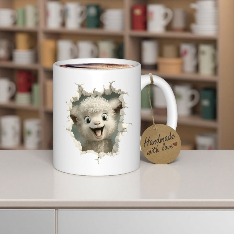 Tailorly White Ceramic 11 oz Mug - Handmade With Love Adorable Fluffy White Cartoon Animal Peeking Through A Realistic Cracked Wall Lamb