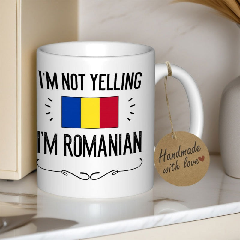 Tailorly White Ceramic 11 oz Mug - Im Not Yelling Im Romanian Vibrant National Colors Displayed With Vertical Stripes And Decorative Accents Romanian Flag