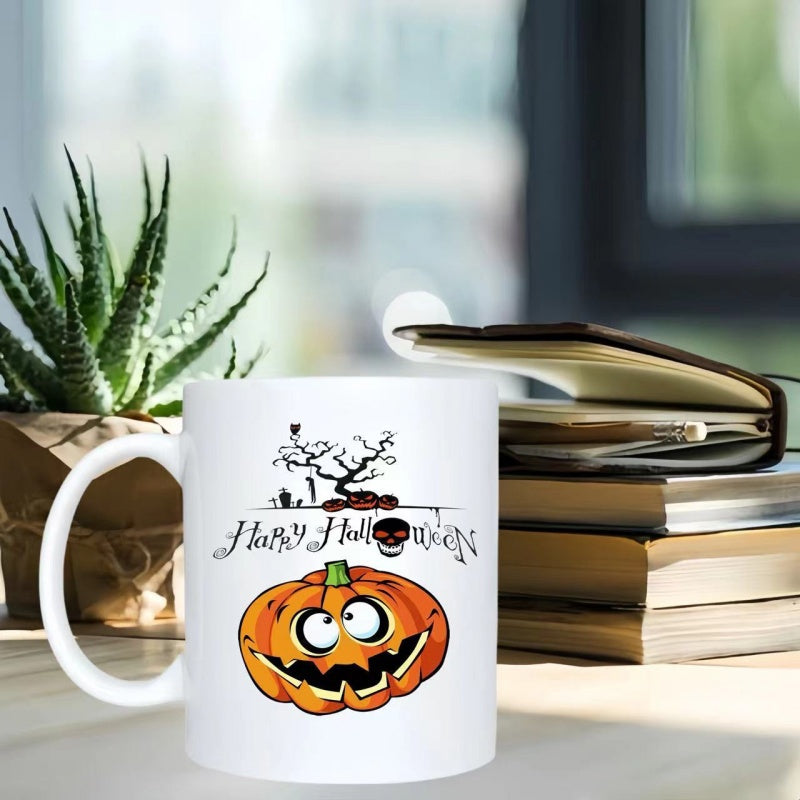 Tailorly White Ceramic 11 oz Mug - Happy Halloween Spooky Tree And Small Skull Above A Smiling Orange Pumpkin