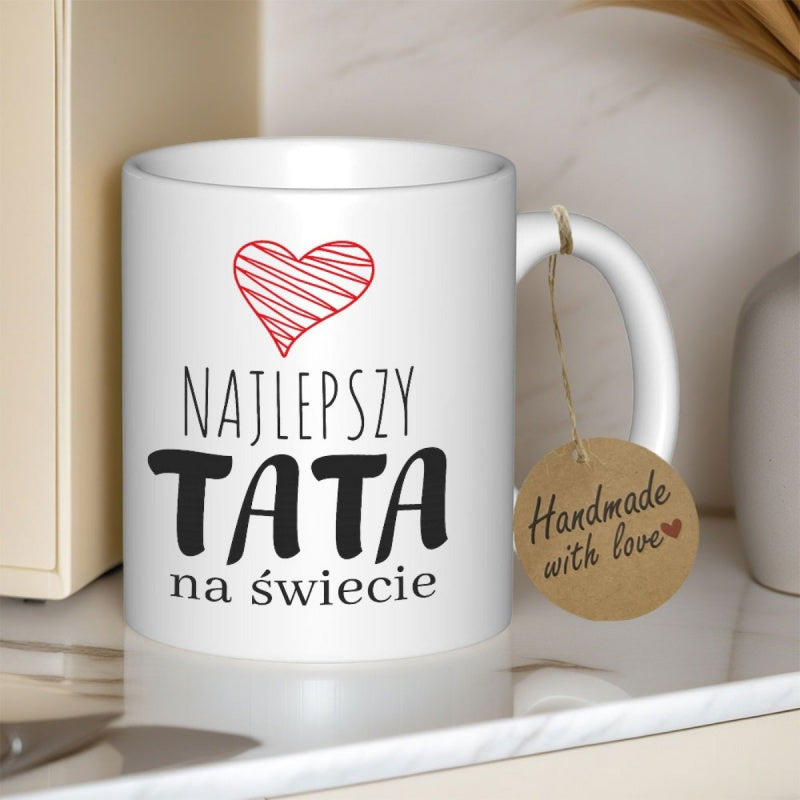 Tailorly White Ceramic 11 oz Mug - Handmade With Love Minimalist Red Scribble Style Pattern Centered Above Bold Typography Heart