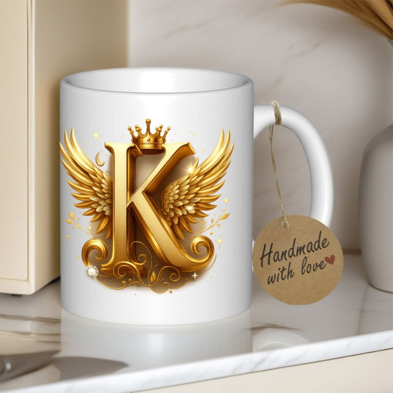 Tailorly White Ceramic 11 oz Mug - K Royal Golden Three Dimensional Motif Featuring Majestic Wings And Elegant Crown Initial