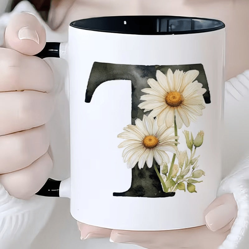 Tailorly Black Accent 11 oz Mug - Watercolor Daisy Letter T & Initial T