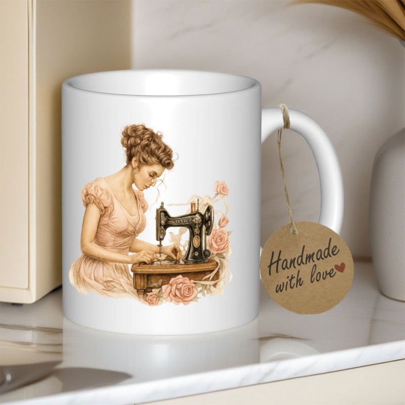 Tailorly White Ceramic 11 oz Mug - Vintage Woman Wearing Pink Dress Operating Antique Sewing Machine Surrounded By Roses Seamstress