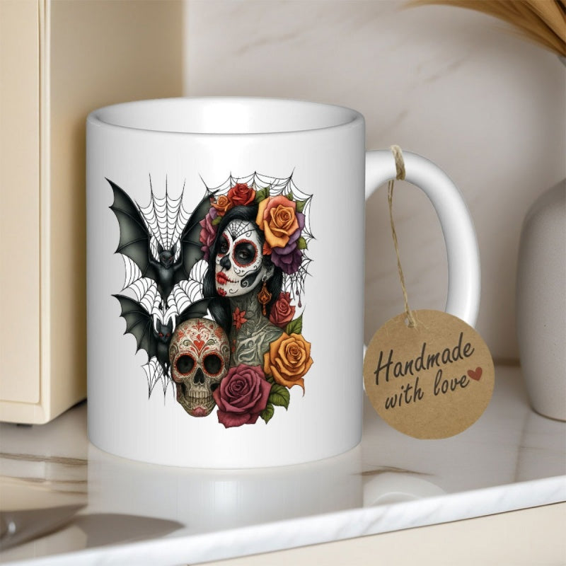 Tailorly White Ceramic 11 oz Mug - Day Of The Dead Lady With Gothic Bats And Colorful Roses Skull