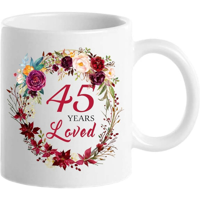 Tailorly White Ceramic 11 oz Mug - 45 Years Loved Elegant Circular Floral Arrangement With Burgundy Roses And Green Leaves Decorative Wreath