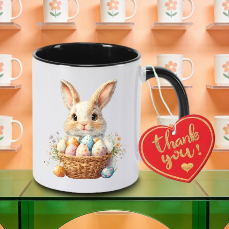 Tailorly Black Accent 11 oz Mug - easter bunny basket with colorful eggs floral logo