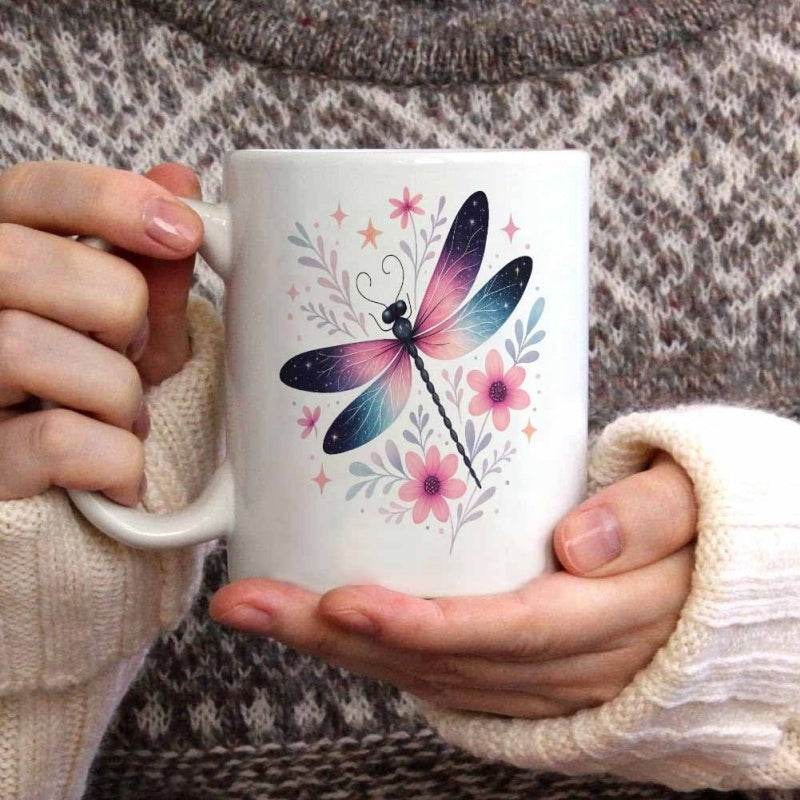 Tailorly White Ceramic 11 oz Mug - Graceful Winged Insect Among Delicate Pink Flowers And Celestial Stars Dragonfly