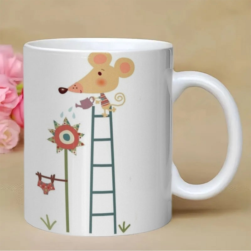 Tailorly White Ceramic 11 oz Mug - Whimsical Cartoon Scene Featuring A Small Animal Climbing A High Blue Ladder Mouse
