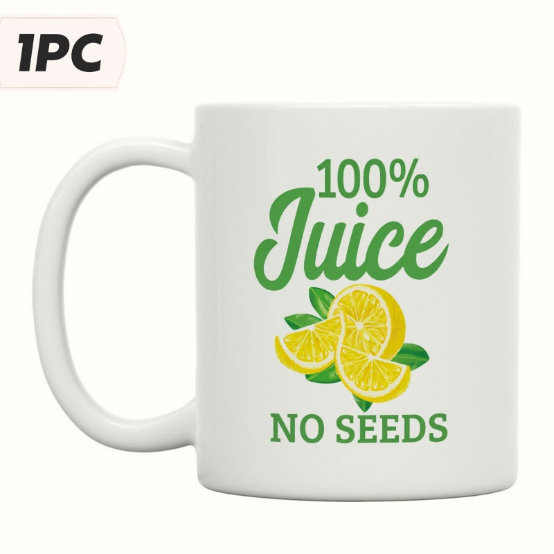 Tailorly White Ceramic 11 oz Mug - One Hundred Percent Juice No Seeds Vibrant Yellow Lemon Slices With Fresh Green Leaves On