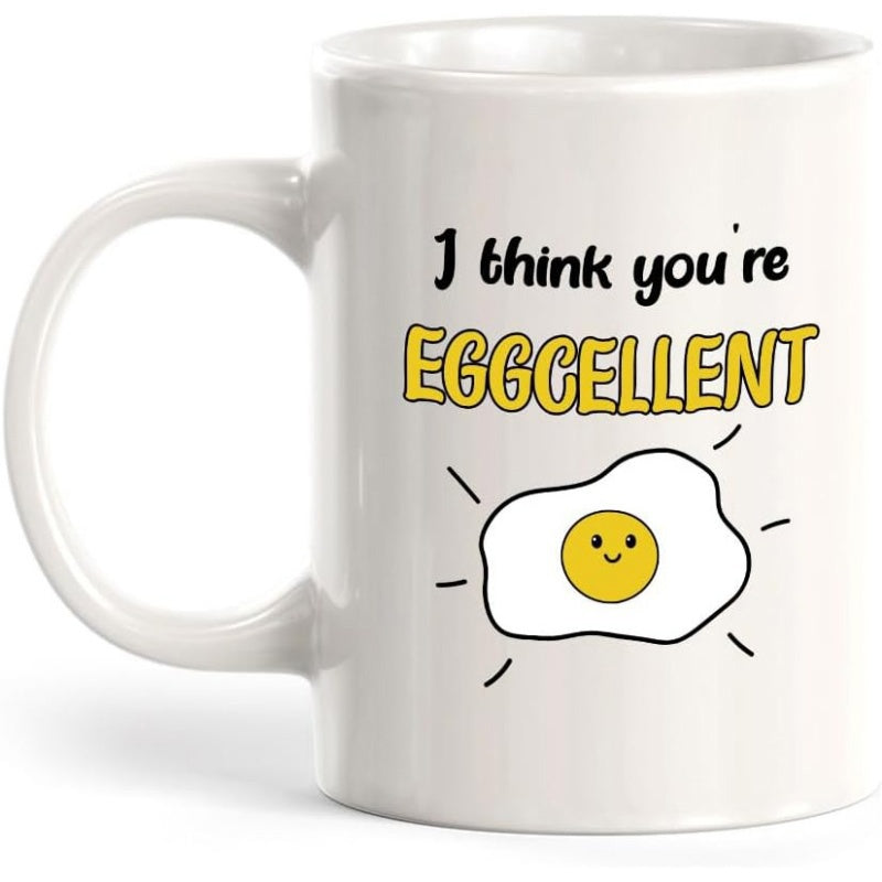 Tailorly White Ceramic 11 oz Mug - I Think Youre Eggcellent Smiling Cartoon Fried Egg With Radiating Lines Egg