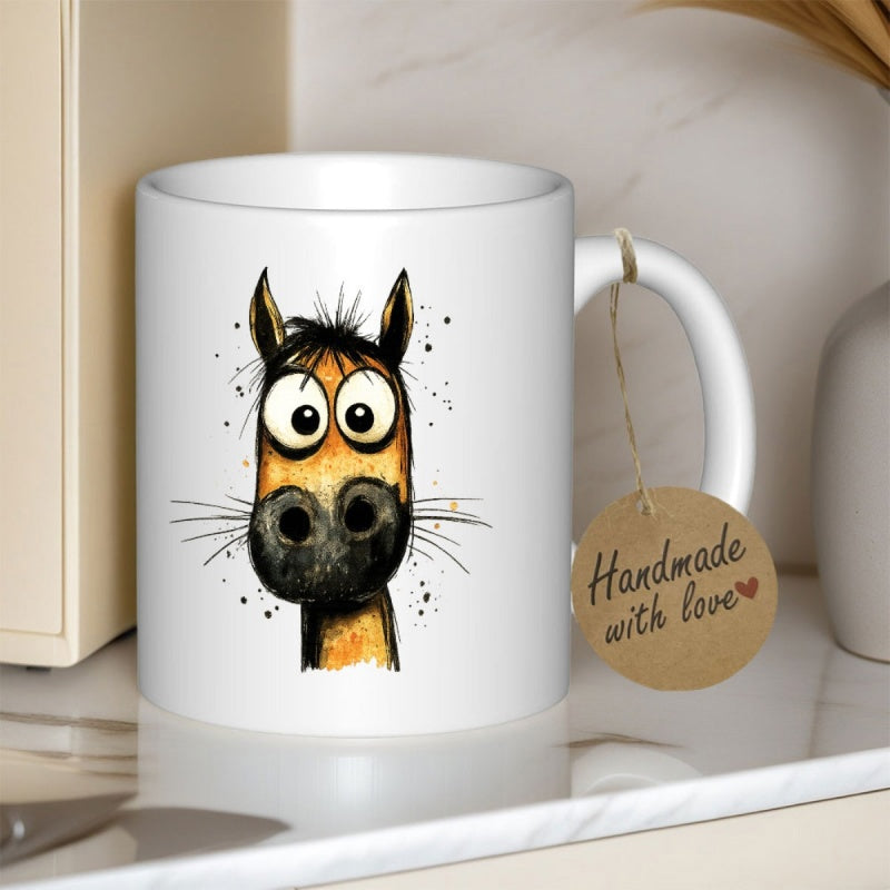Tailorly White Ceramic 11 oz Mug - Handmade With Love Funny Cartoon Style Featuring Large Eyes And Playful Expressions Horse