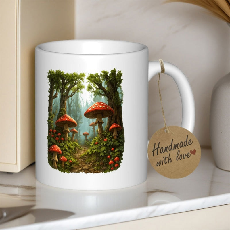 Tailorly White Ceramic 11 oz Mug - Handmade With Love Lush Green Forest With Red Spotted Mushrooms Along A Woodland Path Mushroom