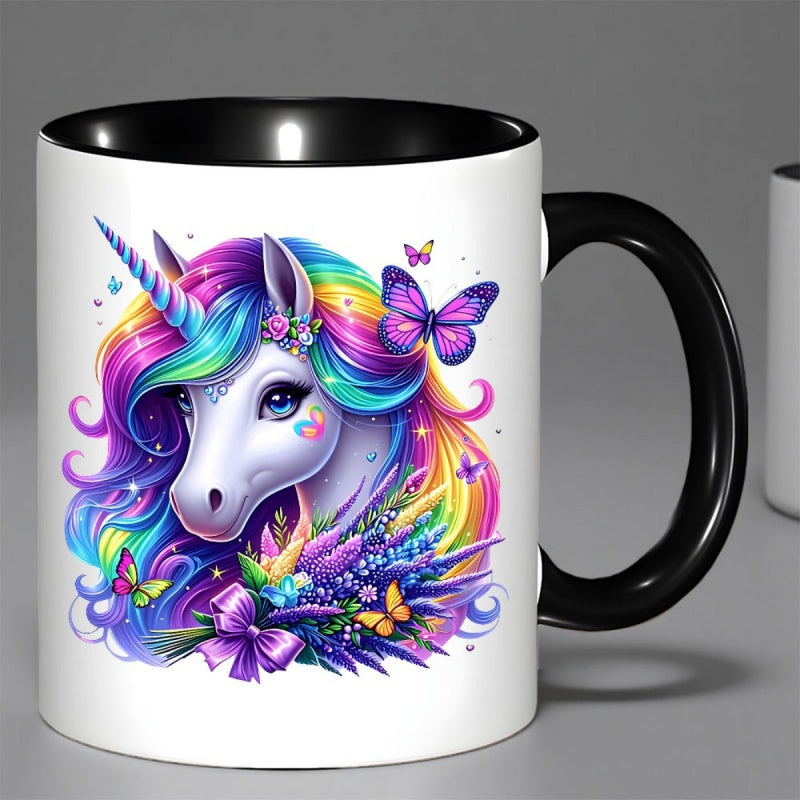 Tailorly Black Accent 11 oz Mug - unicorn with rainbow mane， floral accents， butterflies