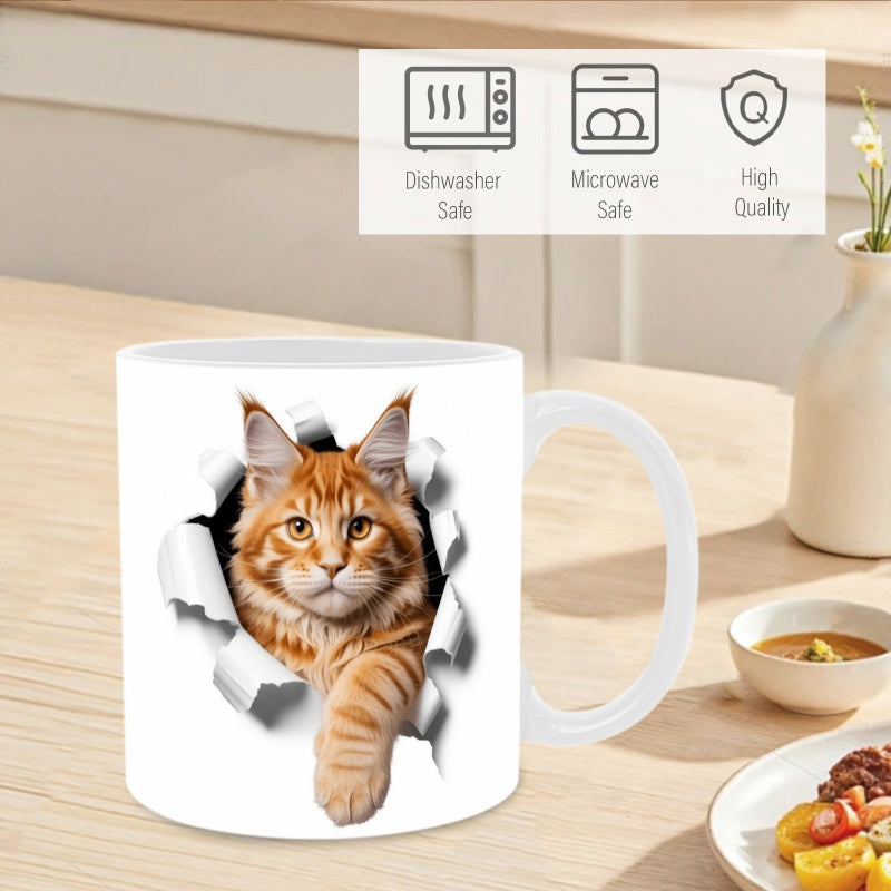 Tailorly White Ceramic 11 oz Mug - Adorable Ginger Maine Coon Peeking Through A Ripped Paper Hole Effect Cat