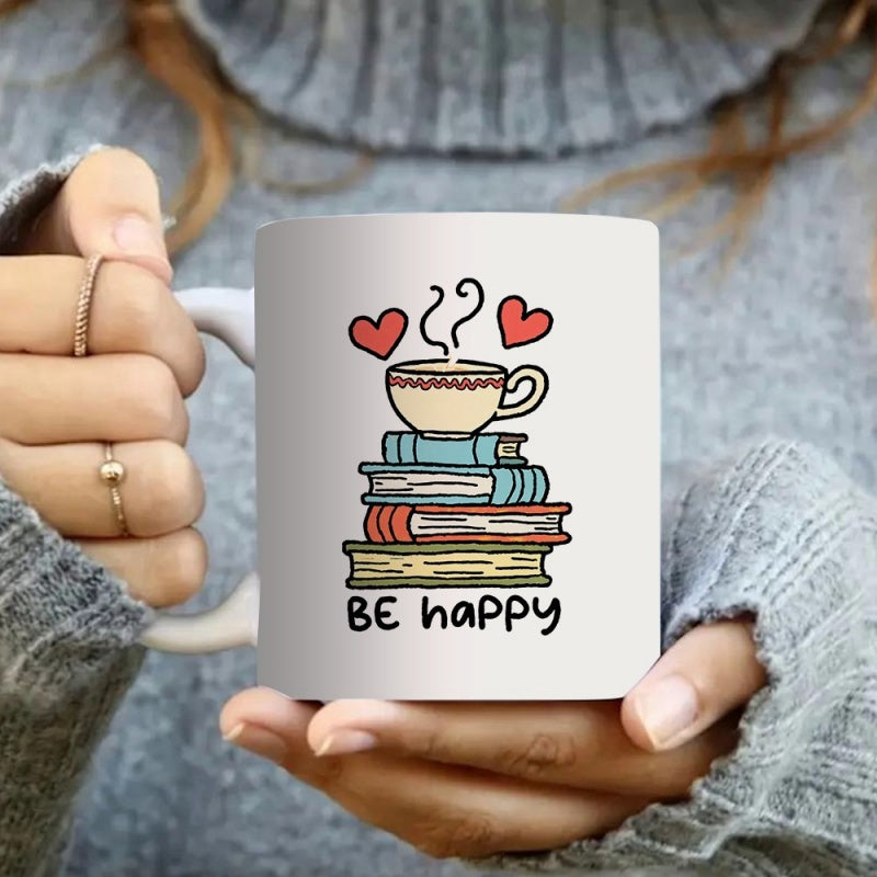 Tailorly White Ceramic 11 oz Mug - Be Happy Hand Drawn Red Hearts Above Steaming Tea Cup Resting On Stacked Books Mug