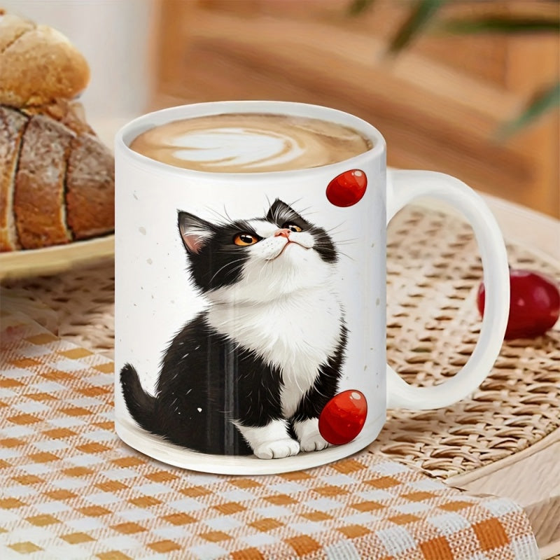 Tailorly White Ceramic 11 oz Mug - Playful Tuxedo Kitten Looking Up At Bright Red Cherries Cat