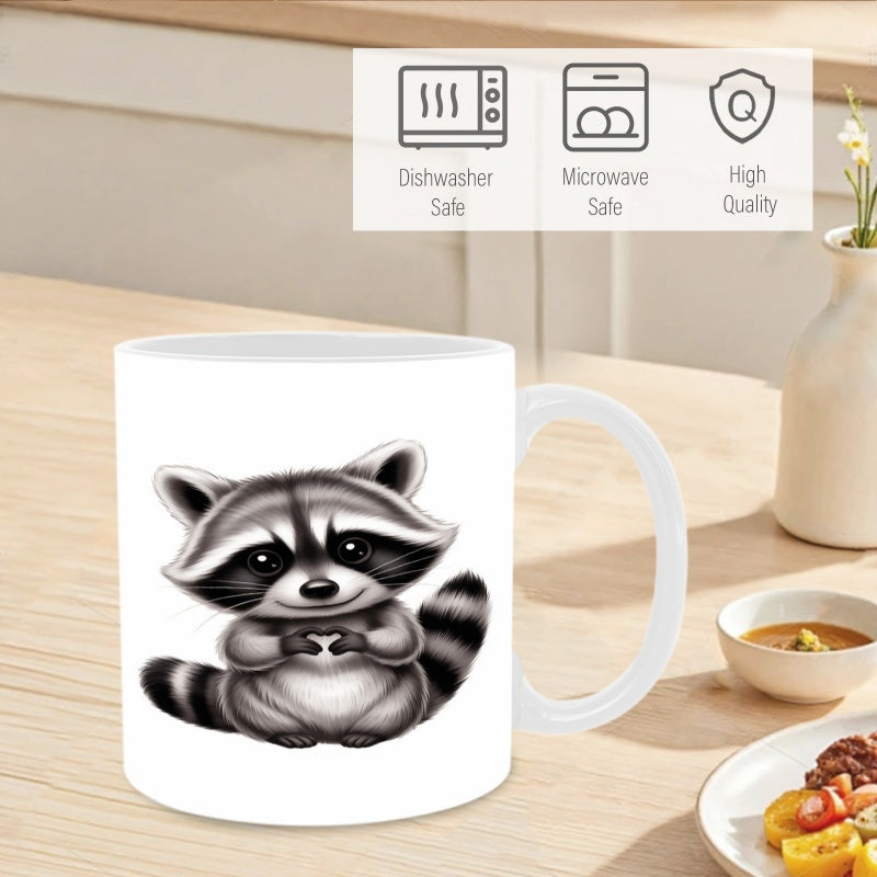 Tailorly White Ceramic 11 oz Mug - Charming Sitting Black And White Furry Animal With Paws Forming Heart Raccoon