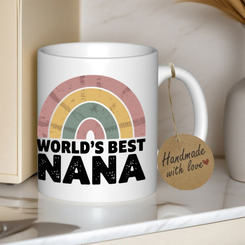 Tailorly White Ceramic 11 oz Mug - Worlds Best Nana Muted Earth Tone Arches With A Distressed Boho Style Rainbow