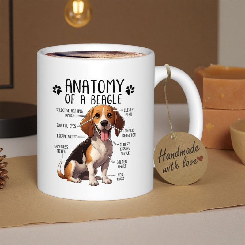 Tailorly White Ceramic 11 oz Mug - Anatomy Of A Beagle Charming Tricolor Sitting Gracefully With Informative Humorous Diagram Labels Beagle