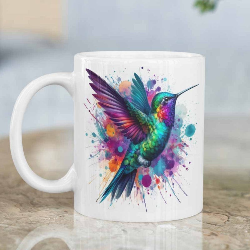 Tailorly White Ceramic 11 oz Mug - Vibrant Watercolor Splashes With Artistic Flying Wings And Colorful Feathers Hummingbird