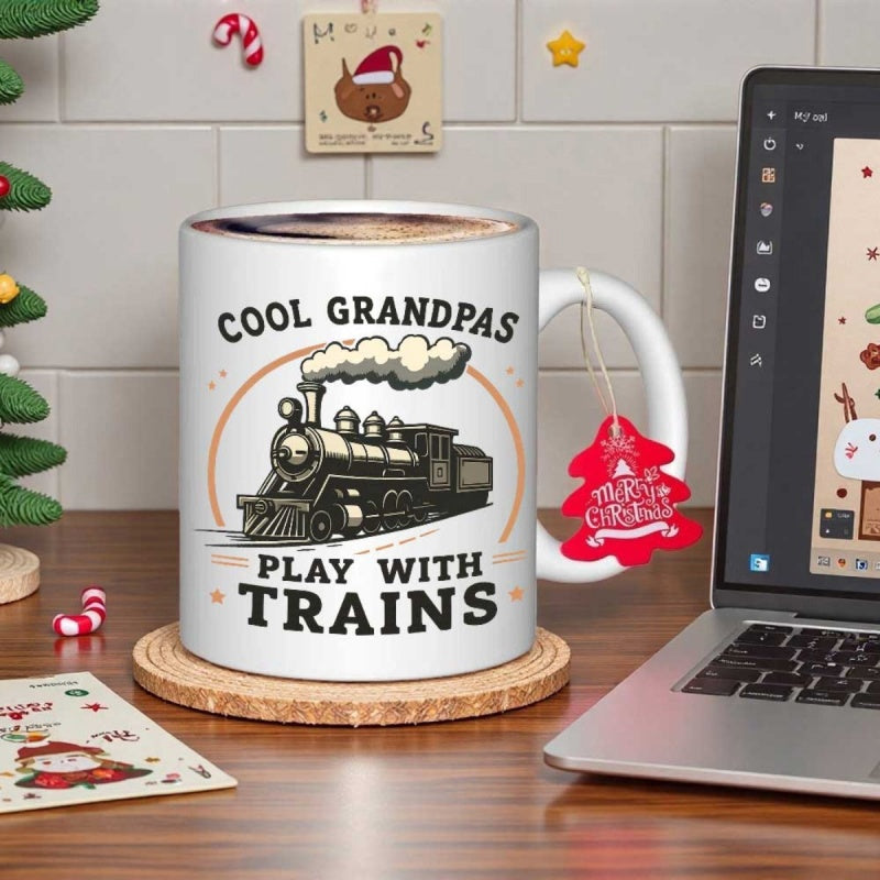 Tailorly White Ceramic 11 oz Mug - Cool Grandpas Play With Trains Classic Vintage Steam Locomotive Puffing Thick White Smoke Moving Forward Train