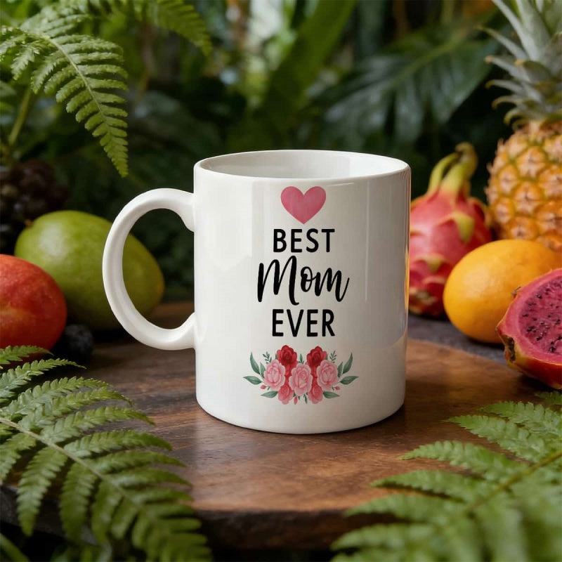 Tailorly White Ceramic 11 oz Mug - Best Mom Ever Pink Heart Above Elegant Flowers On A Pristine