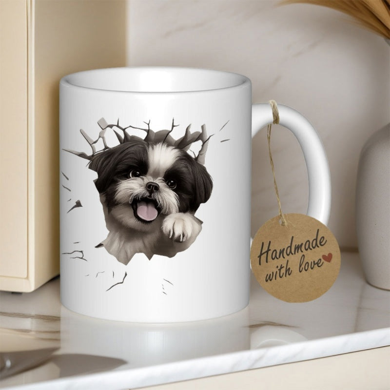 Tailorly White Ceramic 11 oz Mug - Handmade With Love Adorable Black And White Shih Tzu Peeking From Cracked Wall Dog